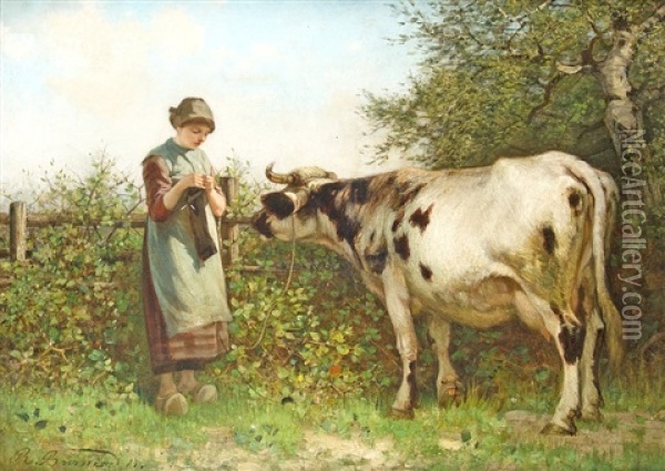 Knitting Shepherdess Oil Painting - Richard Burnier