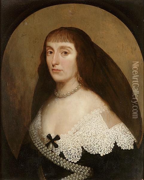 Portrait Of Elizabeth Stuart, 
Queen Of Bohemia, Half-length, In A Black Dress With A White Lace Collar
 And Pearls, And A Black Headdress Oil Painting - Gerrit Van Honthorst