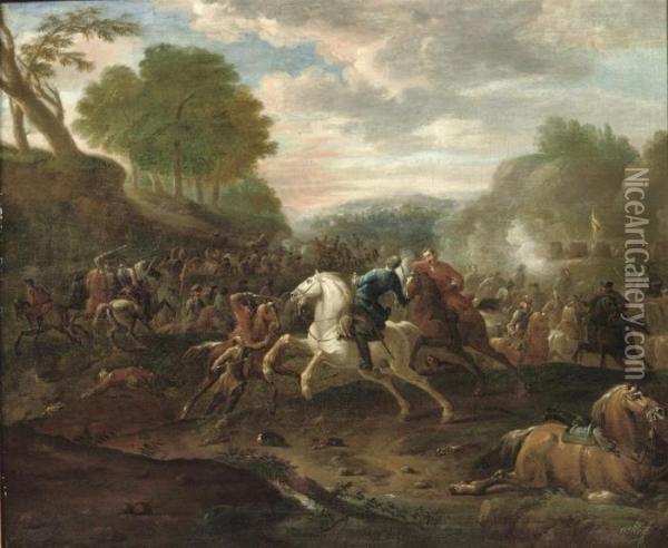 A Cavalry Skirmish In A Hilly Landscape Oil Painting - Jan von Huchtenburgh