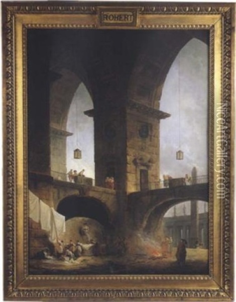 Architecture Colossale De Fantaisie Avec La Colonnade Du Bernin A Saint-pierre De Rome Oil Painting - Hubert Robert