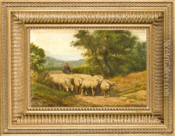 Schafherde Mit Hirtin Oil Painting - Jef Louis Van Leemputten