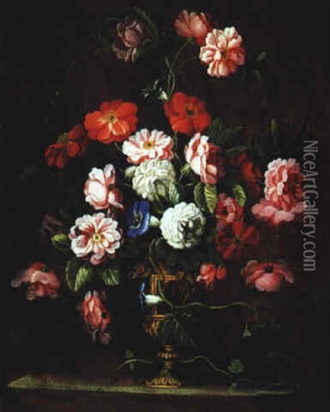Groser, Dekorativer Blumenstraus Von Rosen Und Akeleien In Einer Prunkvase Oil Painting - Abraham Brueghel
