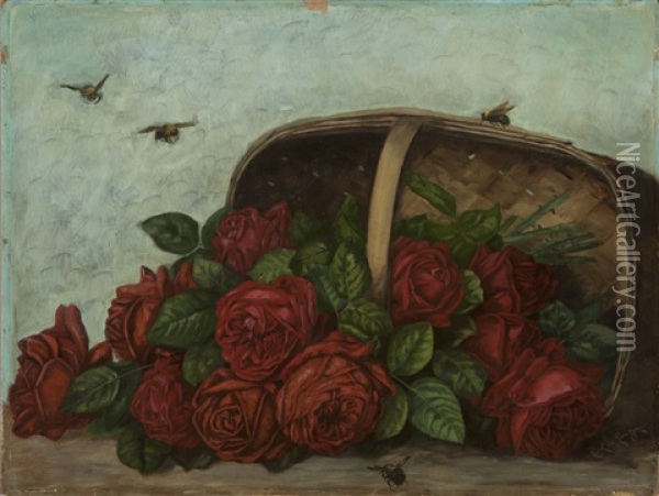 Roses In A Basket With Four Bumblebees Oil Painting - Paul De Longpre