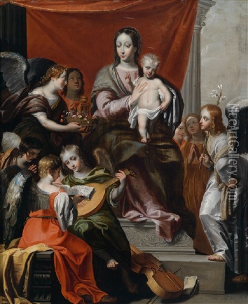 Thronende Madonna Mit Kind Und Musizierenden Engeln / Madonna In Trono Con Angeli Musicanti Oil Painting - Francesco Vanni
