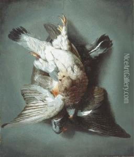 A Brace Of Woodpigeon Hanging From A String Against A Wall Oil Painting - Jacobus Biltius