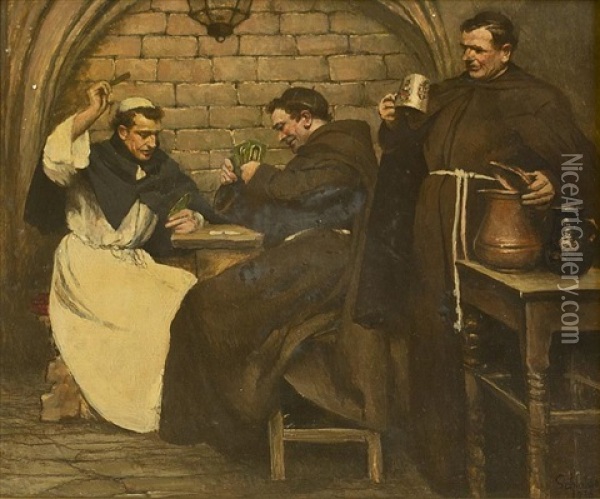 Monks Playing Cards Oil Painting - Robert Schlosser