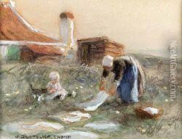 Drying The Laundry Oil Painting - Jan Zoetelief Tromp