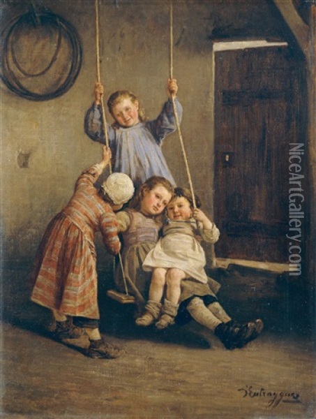 Vier Kleine Madchen An Einer Schaukel Oil Painting - Charles Bertrand d' Entraygues