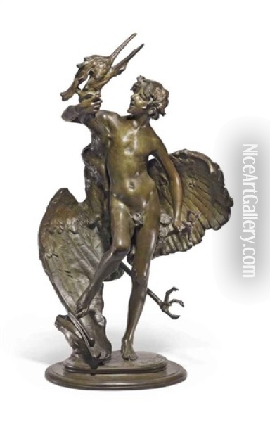Young Faun With Heron Oil Painting - Frederick William MacMonnies