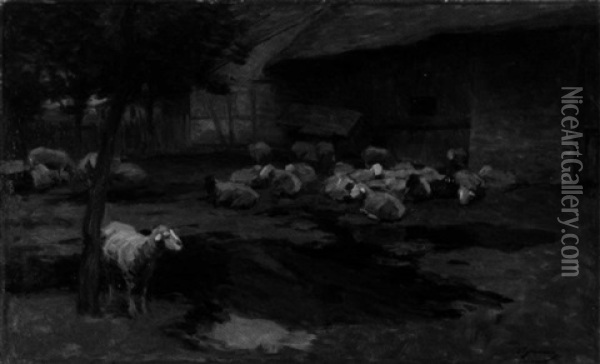 Schafe Und Bauerngehoft Oil Painting - Julius Hugo Bergmann