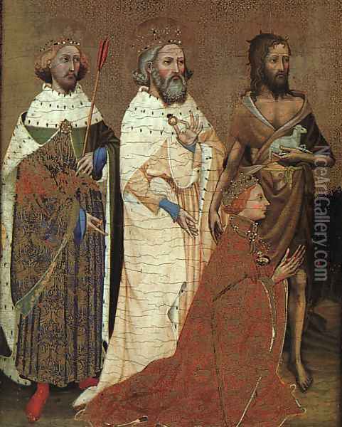 The Wilton Diptych - left panel featuring Richard II of England with his patron saints 1395 Oil Painting - French Unknown Masters