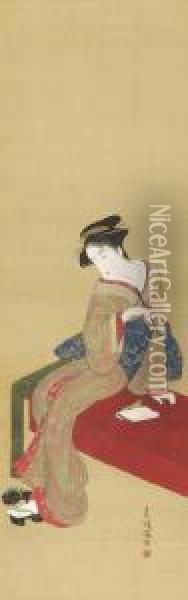 Beauty Holding A Pipe Oil Painting - Katsukawa Shuncho