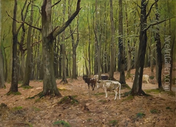 Kuhe Im Wald Oil Painting - Fritz Grebe