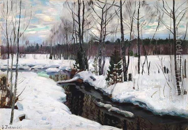 Pejzaz Zimowy Z Potokiem, Lata 20. Xx W. Oil Painting - Stanislaw Zukowski