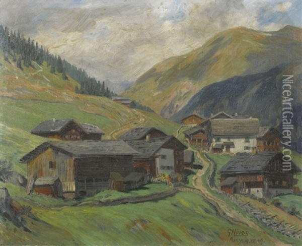 Blick Auf Das Dorf Pany In Graubunden Oil Painting - Gottfried Herzig