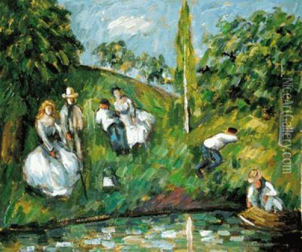 Couples Relaxing By A Pond Oil Painting - Paul Cezanne
