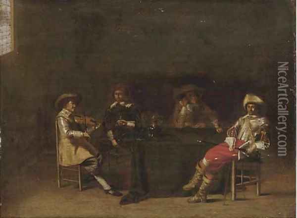 A guardroom interior with men making music and drinking Oil Painting - Anthonie Palamedesz