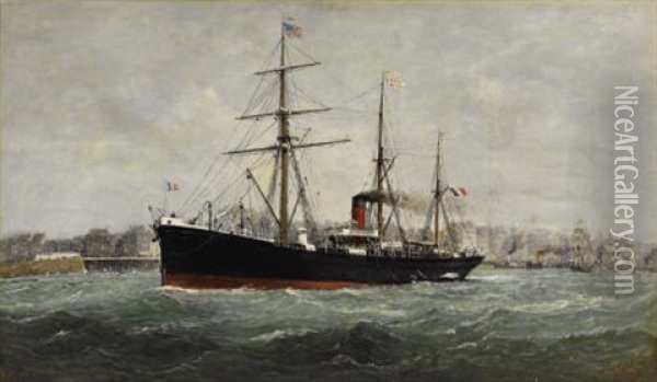 Le Ferdinand De Lesseps Leaving Le Havre Harbor Oil Painting - Alexandre Dubourg