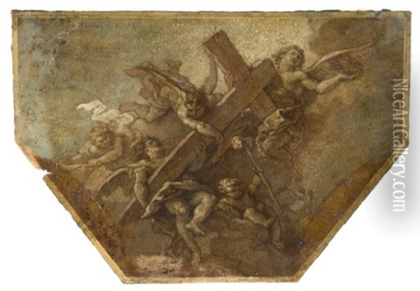 Trois Anges Et Putti Portant La Croix Oil Painting - Charles de La Fosse