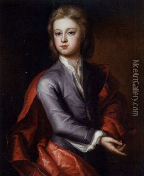 Portrait Of A Boy In A Lilac Coat And Red Cloak Oil Painting - Charles d' Agar