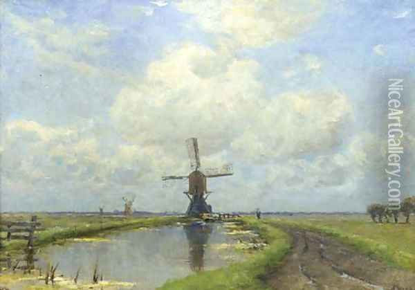 Windmills in a polder landscape Oil Painting - Jan Hillebrand Wijsmuller