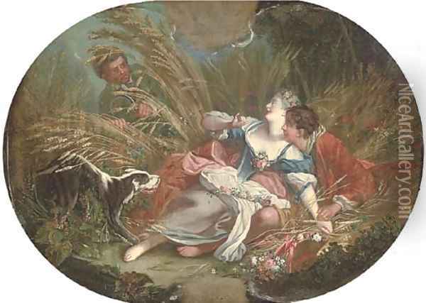 A wheat field with an amorous couple, surprised by a voyeur Oil Painting - Francois Boucher