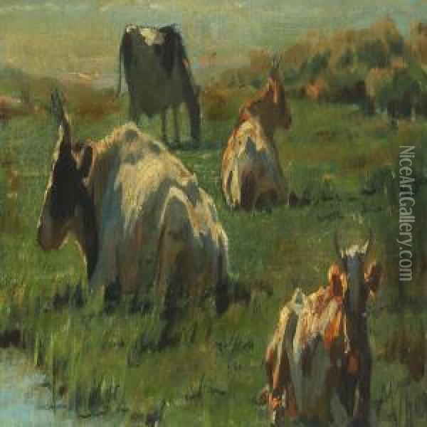 Cows In The Meadow Oil Painting - Michael Therkildsen