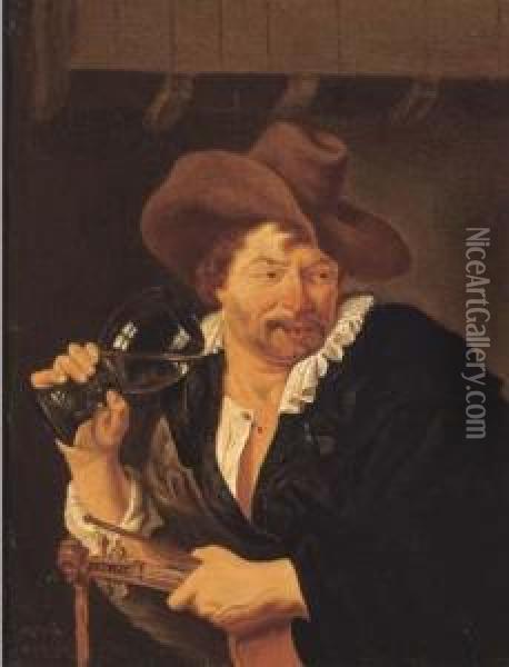 A Violin Player Drinking In An Inn Oil Painting - Arie de Vois