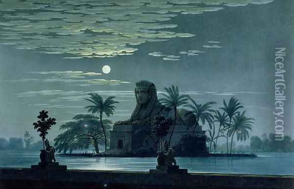 Garden scene with the Sphinx in moonlight, Act II scene 3, set design for The Magic Flute by Wolfgang Amadeus Mozart 1756-91 Oil Painting - Karl Friedrich Schinkel