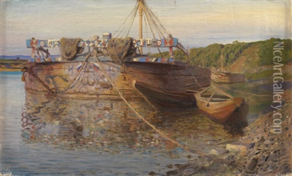 Barge On The River Oka Oil Painting - Vasili Dimitrievich Polenov