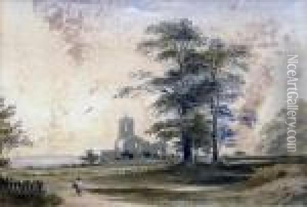 Figureon A Path Approaching A Church Oil Painting - John Varley