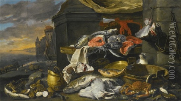 Fish, Oysters, A Crab And A Lobster With Cats, A Tub, A Copper Dish And Bucket And Baskets At The Foot Of A Draped Column, A Quay And A Castle By The Sea Beyond Oil Painting - Jan Fyt