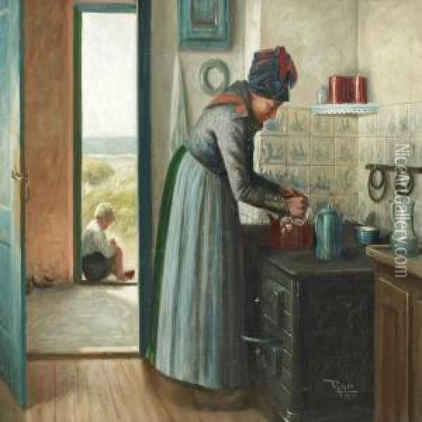 A Fano Woman By The Stove, In The Background A Boy Sitting In An Open Doorway With A View To The Water Oil Painting - Peder Riber
