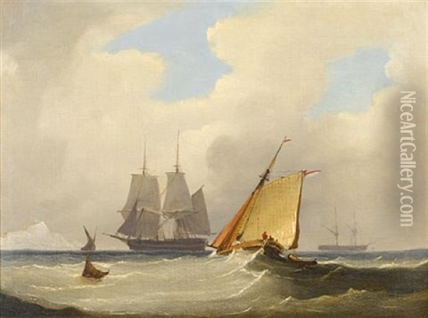 A Brig Hove-to Off St. Catherine's Point, Isle Of Wight, With A Cutter Caught In A Swell Nearby Oil Painting - Frederick Calvert