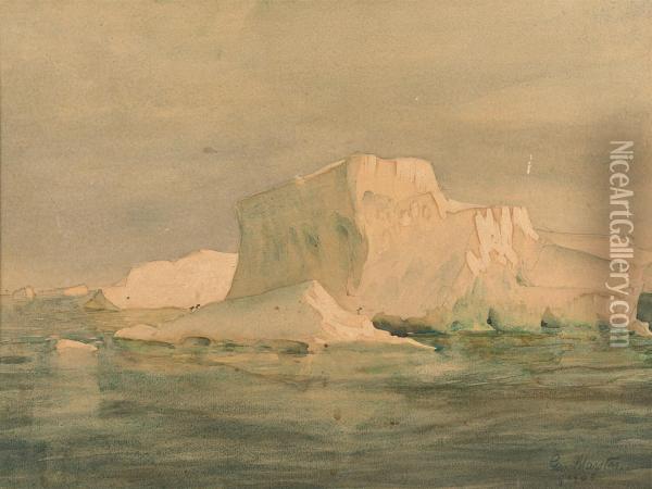An Iceberg With Adelie Penguins (british Antarctic Expedition, 1907) Oil Painting - George Edward Marston
