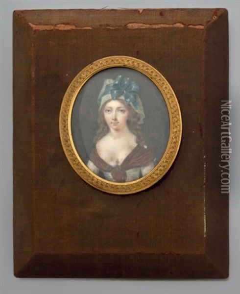 Portrait De Femme A La Coiffe Au Ruban Bleu Oil Painting - Lie-Louis Perin-Salbreux