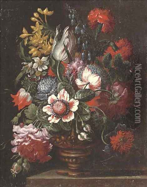 Parrot tulips, carnations, narcissi, roses and other flowers in an urn on a stone ledge Oil Painting - dei Fiori (Nuzzi) Mario
