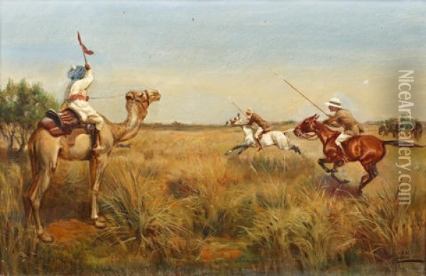 Indian Boar Hunting Scenes (set Of 4) Oil Painting - Thomas Ivester Lloyd