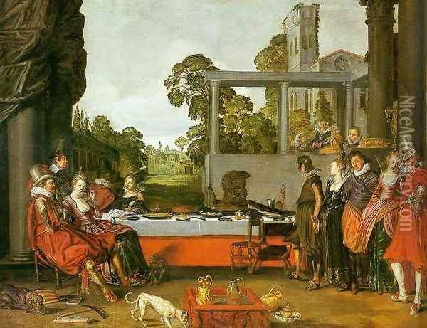 Banquet in the Open Air c. 1615 Oil Painting - Willem Buytewech