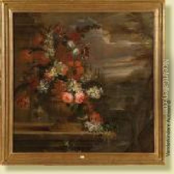 Vase De Fleurs Sur Un Entablement Oil Painting - Abraham Mignon