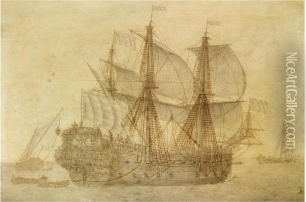 The Dutch Voc Ship De Concordia In A Calm Sea, A Flagship And Asmalship In The Distance Oil Painting - Cornelis Boumeester