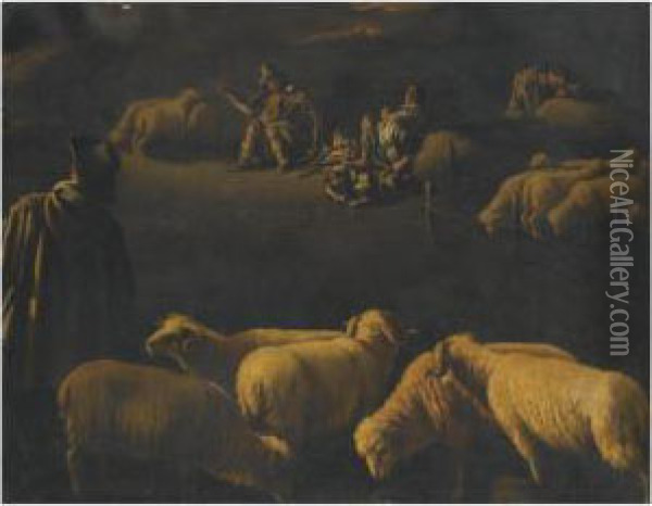 A Night Scene With Shepherds Resting By A Fire Oil Painting - Pedro De Orrente
