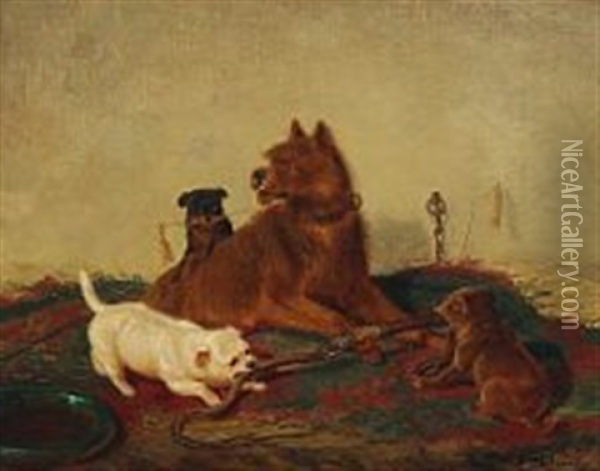 Dog Playing With Puppies Oil Painting - F. Sigmund Lachenwitz