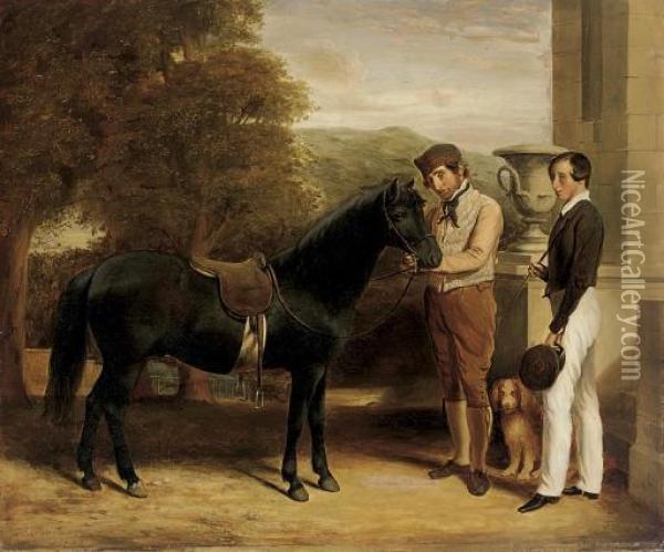 Portrait Of A Boy With His Pony, A Groom And A Spaniel Outside A House Oil Painting - Robert Frain