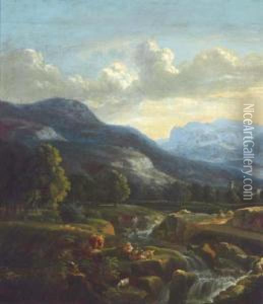 A Wooded River Landscape With Figures By A Waterfall Oil Painting - Jan Asselyn