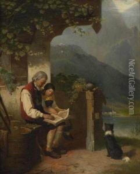 Grosvater Mit Enkelin Lesend Auf
 Der Bank Vor Dem Bauernhaus. Oil Painting - Franz Xaver Zimmer