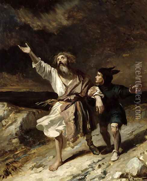 King Lear and the Fool in the Storm, Act III Scene 2 from 'King Lear' 1836 Oil Painting - Louis Boulanger