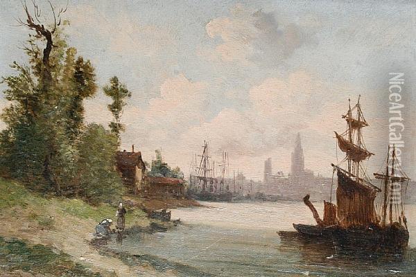 Boats At Anchor With A Town Beyond Oil Painting - Paul Trouillebert