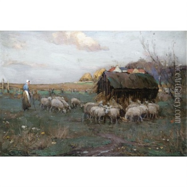 The Shepherdess (+ Wending Home; 2 Works) Oil Painting - William Watt Milne