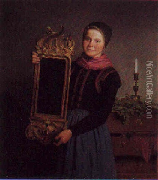 Interior Med Ung Pige I Amagerdragt Holdende Rococo Spejl Oil Painting - Johann Julius Exner